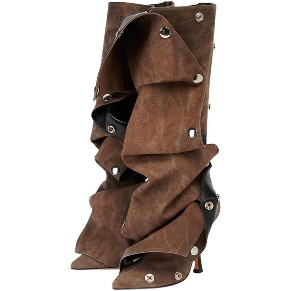 Women Brown Suede Detachable Snap-off Panel Fold Over Fall Shark Knee High Boot - Picture 1 of 8